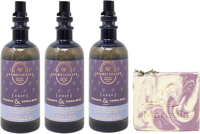 Bath & Body Works Aromatherapy Cozy Cinnamon & Sandalwood 3 Pack Essential Oil Mist with a Lavender Dream Soap - Full Size