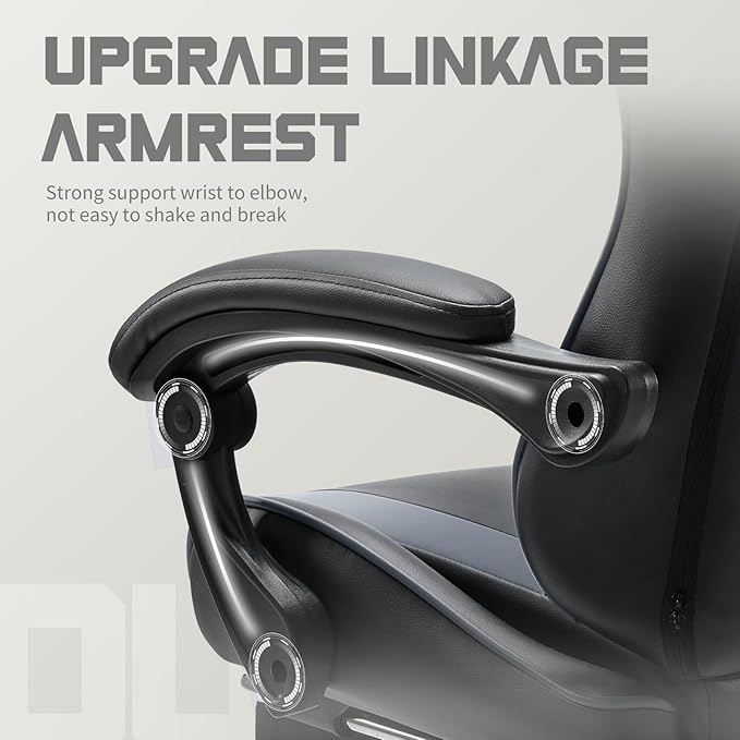 NEWBULIG Gaming Chair with Footrest – Ergonomic High-Back with Lumbar & Headrest Support, Comfy PU Leather Recliner with Linkage Armrests, Adjustable Height, 360° Swivel, Grey