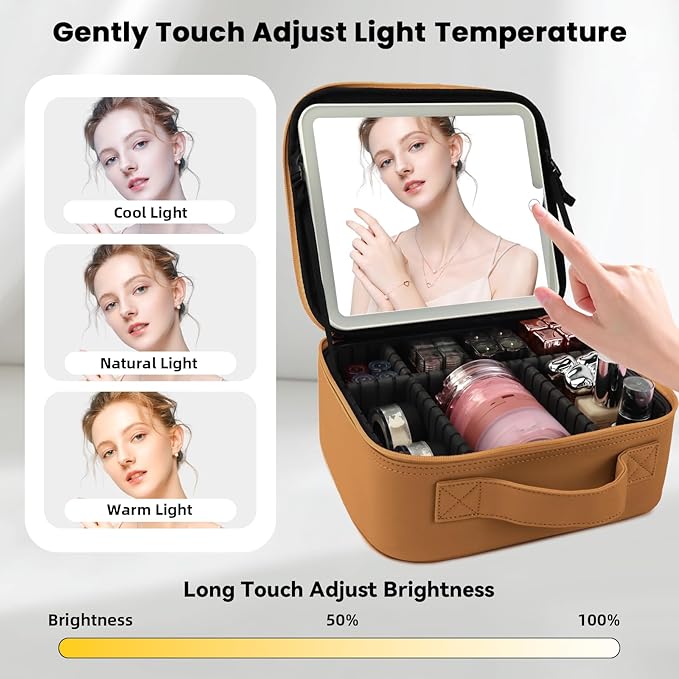 Makeup Bag with Led Mirror,Portability Cosmetic Case Portable Cosmetic Brush Organizer Bag with Adjustable Dividers,Gift for Women,Girls Gift (Light Brown)