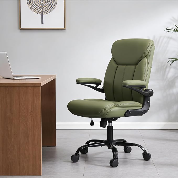 Home Office Ergonomic Desk Chair - Comfy Leather Executive Chair with Flip-Up Armrests, Lumbar Support, 360° Swivel & Rocking (Green)