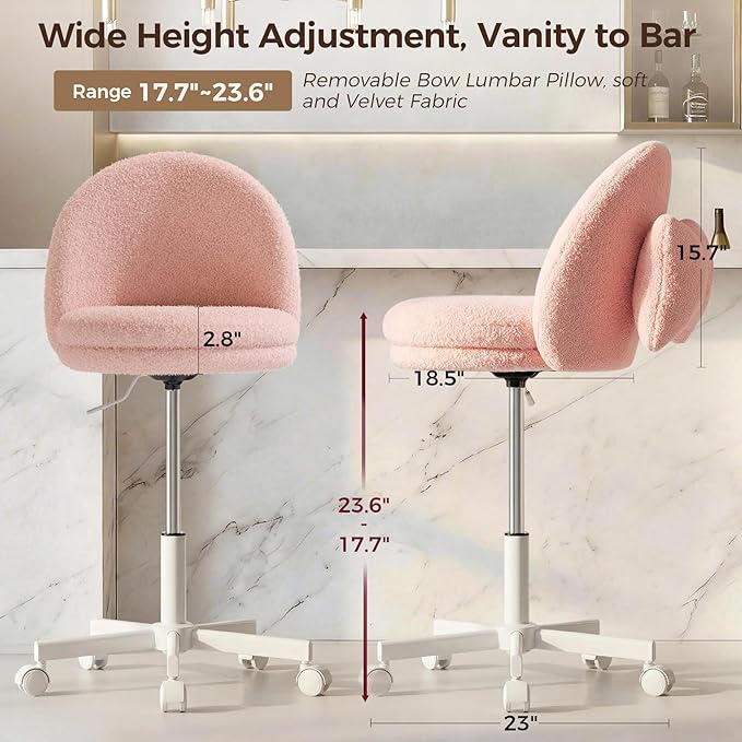 GTPOFFICE Vanity Chair with Back, Adjustable Tall Office Chair High Swivel Bar Stools Fluffy Cute Desk Chair Comfy with Wheels Bow Pillow Armlees for Adults Standing Desk Bar, Soft Velvet, Pink