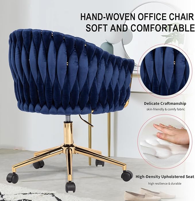 Velvet Office Chair with Back, Vanity Chairs with Wheels, 360° Swivel Velvet Home Office Desk Chair, Accent Chair Makeup Vanity Chair for Bedroom, Living Room(Blue)