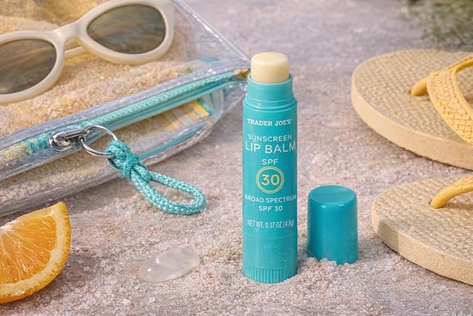 Trader Joe's Sunscreen Lip Balm SPF 30, Broad Spectrum Lip Sunscreen with Beeswax & Raspberry Seed Oil, Moisturizing Lip Protection, Vitamin E, Twist-Up Applicator, 0.17 oz