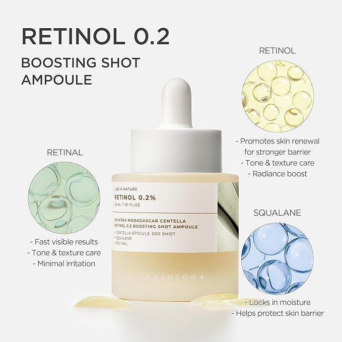 SKIN1004 Retinol 0.2% Boosting Shot Ampoule, Face Serum for Skin Elasticity, Facial Spicule Serum with Retinol & Retinal, Centella Ampoule for Fine Lines & Firmness, Korean Skin Care, 1.01fl.oz / 30ml