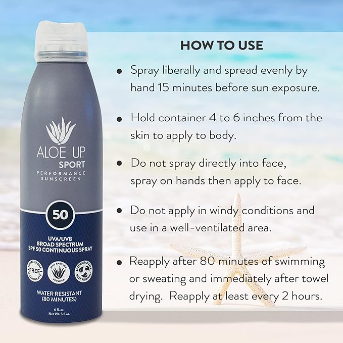 Aloe Up Sport Spray Sunscreen SPF 30 – Broad Spectrum Sunblock with Hydrating Aloe Vera Gel – Fast Absorbing, No White Cast, Reef Friendly, Water Resistant for up to 80 Minutes, Fragrance Free – 6 Oz
