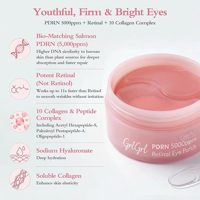 PDRN Under Eye Patches for Puffy Eyes and Dark Circles, 5000ppm Salmon DNA & Retinal Eye Mask for Face, Anti Aging Hydrogel Eye Gels for Smile Line, Wrinkles & Bags, 60 Pcs