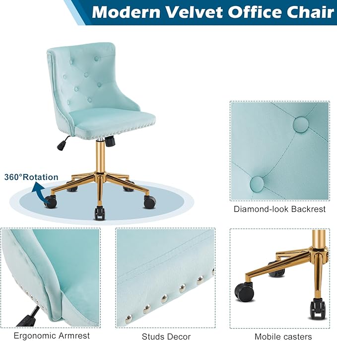 VINGLI Light Blue Armless Home Office Desk Chair with Gold Base/Wheels, Small Cute Vanity/Makeup Chair with Back for Bedroom, Upholstered Adjustable Rolling Swivel Nail Chair for Women/Girls