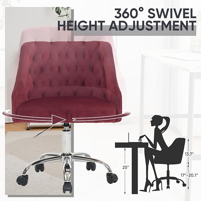 MOJAY Velvet Office Swivel Chair, Vanity Fabric Desk Pretty Fancy Gold Office Chairs for Girls, 360°Swivel Height Adjustable Reception Chair (Burgundy)