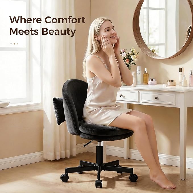 GTPOFFICE Vanity Chair with Back, Adjustable Tall Office Chair High Swivel Bar Stools Fluffy Cute Desk Chair Comfy with Wheels Bow Pillow Armlees for Adults Standing Desk Bar, Soft Velvet, Black