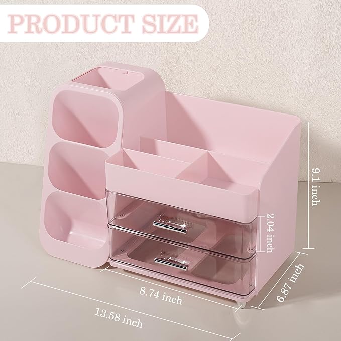 Anyoifax Makeup Organizer Countertop with Large Drawers, Vanity Organizer with Brush Holder, Skin Care Storage for Dresser, Perfume Organizer for Lotion, Lipsitck, Palette, Pink
