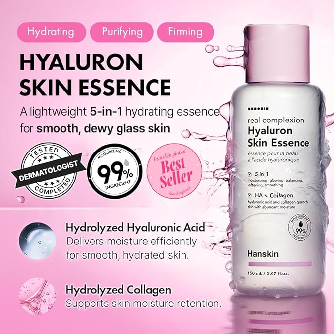 Hanskin PDRN Glow Prep Duo – Hyaluron Essence Toner & Pink Lotus Vegan PDRN Serum | 2-Step Hydration, Plumping & Radiance Boost Routine for Glass Skin | Korean Skincare Set