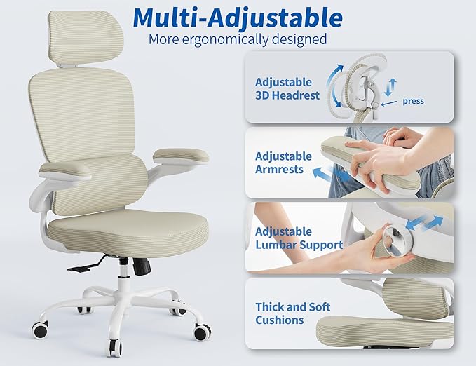 TRALT Ergonomic Office Chair - Desk Chair with Adjustable Headrest Lumbar Support Computer Chair - Mesh Comfy Chair with Flip-up Armrests - Gaming Chairs for Adults Home Office (Leather, Beige)