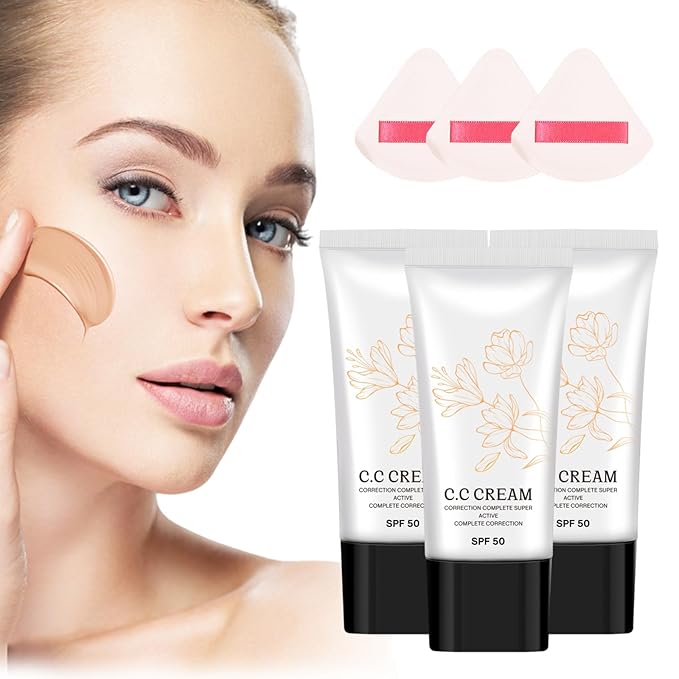Korean Cc Cream Self Adjusting for Mature Skin, Cc Cream Tinted Moisturizer with Spf 50 Full Coverage, Organic Cc Cream Sunscreen Foundation and Concealer for Face and Body Color Correcting (3PCS)
