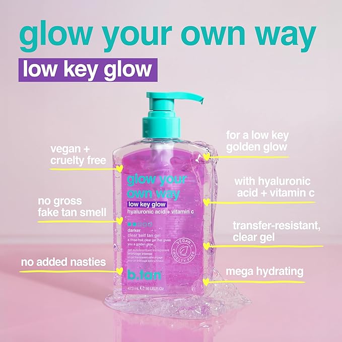 b.tan Dark Clear Self Tan Gel | Glow Your Own way, Low Key Glow - Transfer-Resistant Sunless Tanning Gel, Gradual Darker Bronze, Packed with Hyaluronic acid & Vitamin C, 16 Fl Oz