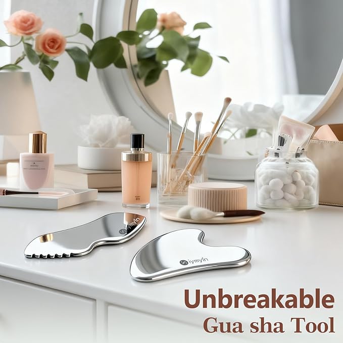 2 Pcs Stainless Steel Gua Sha Facial Tools Set, Face and Body Skin Massage, Scraping Tools for Jaw Lift Massager, Puffiness Reduction, Lymphatic Drainage & Skin Tightening, Great Gift-for Women