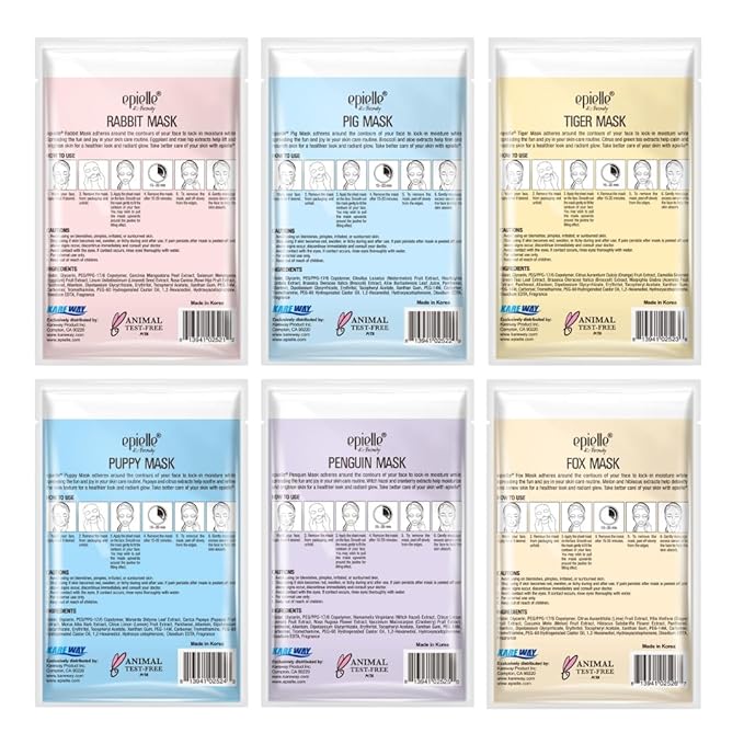 Epielle Character Face Mask Fuzzy Friends 6 Pack, Fun & Effective Korean Skin Care, Spa Party Favors, Easter Basket Stuffers, Birthday Gifts for Women, Self Care Gifts