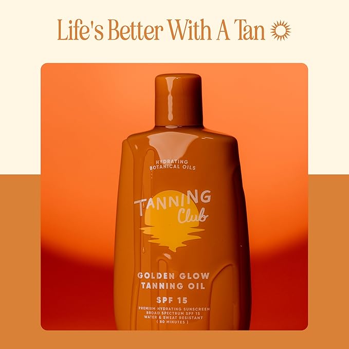 Tanning Club - Golden Glow Tanning Oil with SPF 15 - Lightweight Hydrating Sunscreen with Coconut, Carrot, and Shea Butter - Water and Sweat Resistant (80 Minutes) - 150 ml