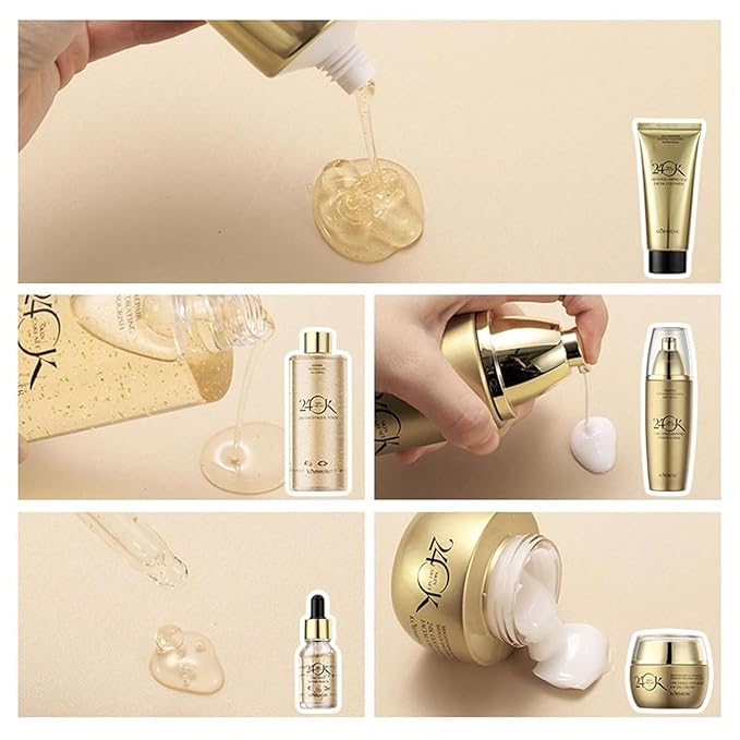 Women’s Gold Skin Care Set 6-Piece Collection - 24K Anti-Aging Skincare Kit: Facial Cleanser, Face Serum 2pcs, Eye Cream, Essence Milk, Toner, Anti-Aging Skin Care Kit for Women