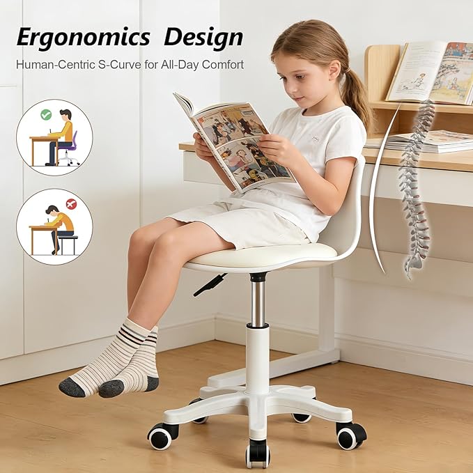 Small Desk Chair Cute Armless Task Vanity Chair with Soft Padded Cushion, Plastic Height Adjustable Home Office Chairs for Teens Girls