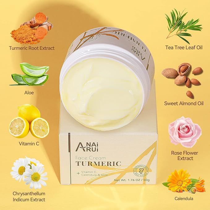ANAI RUI Facial Moisturizer, Turmeric Face Cream with Vitamin C for Hydrating, Firming, Tightening Skin, Turmeric Vitamin C Cream for Dark Spots, Dry Skin, 1.76 OZ