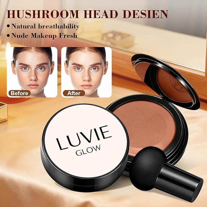 Cushion Foundation/Mushroom Head Air Cushion BB Cream/Long Lasting Hydrating Light Coverage for All Skin Types, Natural Color/Luvie (Mocha)