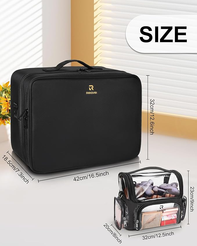Relavel Extra Large Makeup Case and Makeup Brush Holder Bag, Professional Makeup Organizer, Large Capacity with Adjustable Dividers and Shoulder Strap (Black)