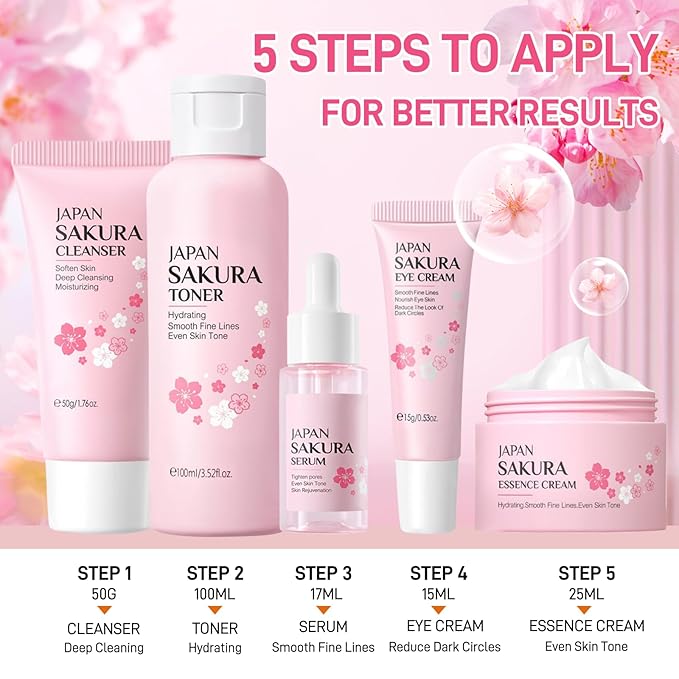 Sakura Skincare Set, Cherry Blossom Skin Care Sets & Kits, Skin Care for Girls 10-12, Including Cleanser, Toner, Serum, Eye Cream, Facial Cream, Travel Size Skincare Set for Women Girls