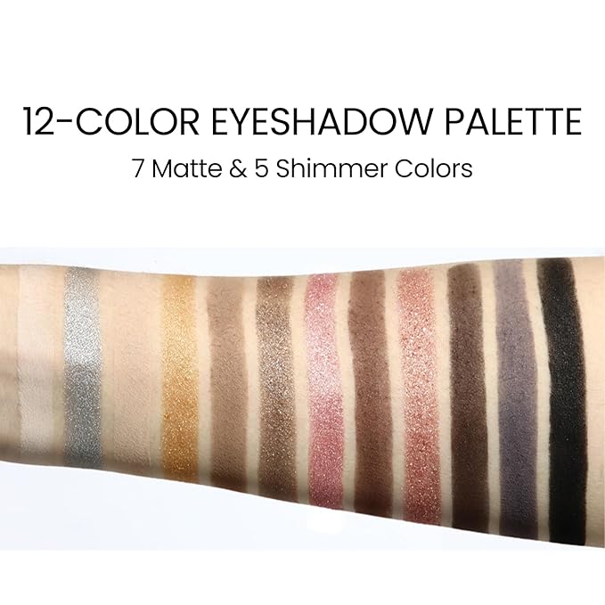 Erinde Nude Brown Eyeshadow Palette, 12 Colors Matte Shimmer Beige Silver Gold Taupe Champagne Gray Black Eye Shadow Palette, Highly Pigmented Long Lasting Waterproof Eyeshadow Pallete, 02