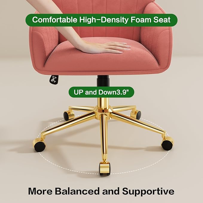 Home Office Desk Chair Comfy with Adjustable Swivel Wheels, Modern Velvet Makeup Vanity Chair with Back & Pillow, Ergonomic Office Chair Computer Task Chair for Living Room, Bedroom, Coral Red