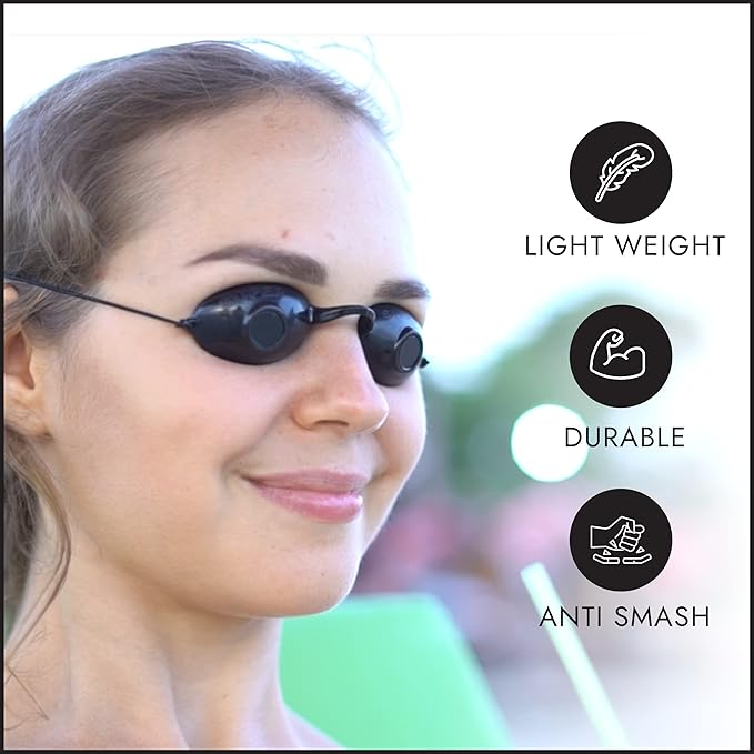 Super Sunnies UV Eye Protection FDA Compliant Eyeshields, Tanning Bed Goggles, Red Light Therapy Glasses w/Strap