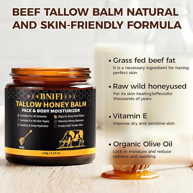Tallow and Honey Balm for Face Beef Tallow for Skin Organic Grass-Fed Beef Tallow Balm for Face Body Moisturizer (Milk)