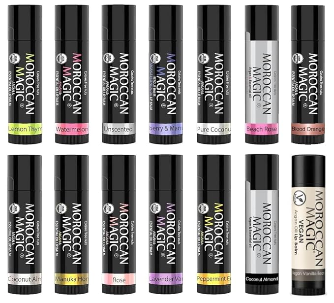 Moroccan Magic Organic Lip Balm & SPF15: 14 Piece Variety Pack Gift Set | Organic Argan and Essential Oils | Smooth | Natural | Non-Toxic | Cruelty Free | 14 Pack