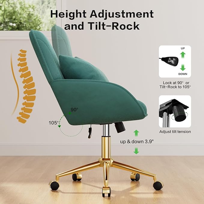 Home Office Desk Chair Comfy with Adjustable Swivel Wheels, Modern Velvet Makeup Vanity Chair with Back & Pillow, Ergonomic Office Chair Computer Task Chair for Living Room, Bedroom, Green