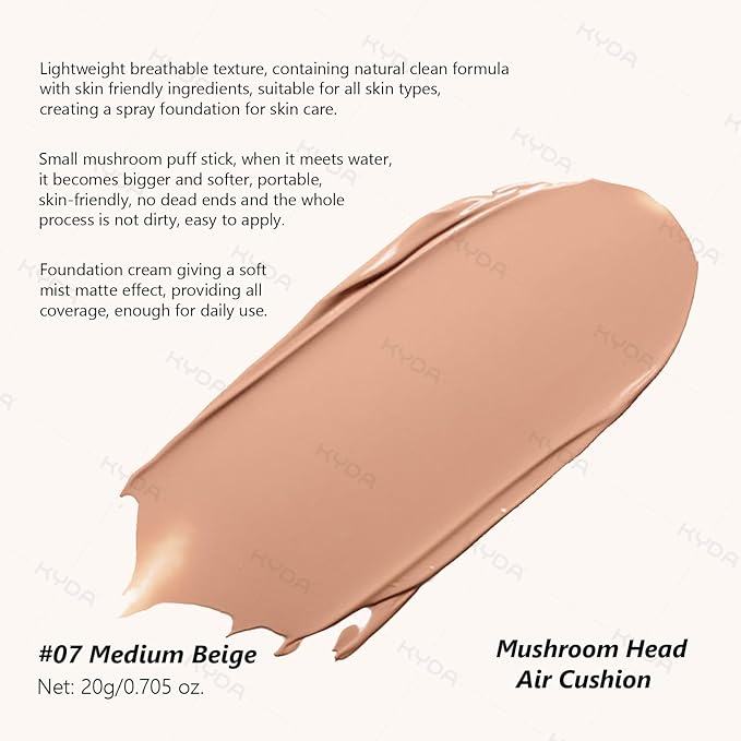 KYDA Mushroom Head Air Cushion BB Cream, Mushroom Foundation for Older Women, Lasting Moisturizing CC Cream Foundation for Mature Skin, Even Skin Tone Concealer Makeup, 0.705Oz, Medium Beige