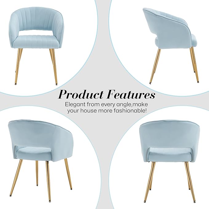 Modern Velvet Vanity Chair, Home Office Desk Chair with Hollow Back, Upholstered Dining Chair with Gold Metal Legs, Comfy Accent Armchair for Living Room Bedroom, Light Blue