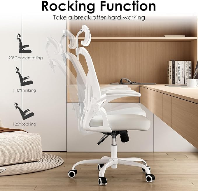 Farini Ergonomic Office Chair, Home Office Desk Chair with Headrest, High Back Swivel Computer Chair with Armrests and Adjustable Lumbar Support for Home Office Study Room, White & White