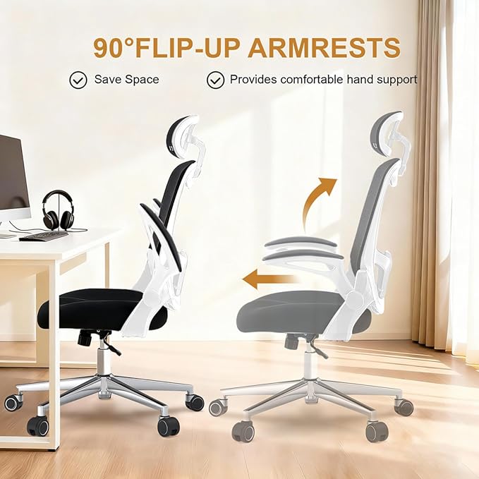 Office Chair, Ergonomic Breathable Mesh Chair,Flip-Up Arms and Adjustable High Back Lumbar Support,Comfy Computer Chair for Home Office (Black/White, 407)