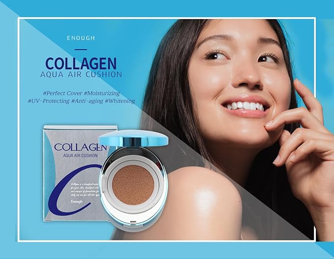 ENOUGH Collagen Aqua Air Cushion SPF 50, Full Coverage Hydrating Foundation Makeup, Tinted Moisturizer Sunscreen, Korean Skin Care Cosmetics for Women, Dewy Finish & Collagen Boost (#21 Natural glow)