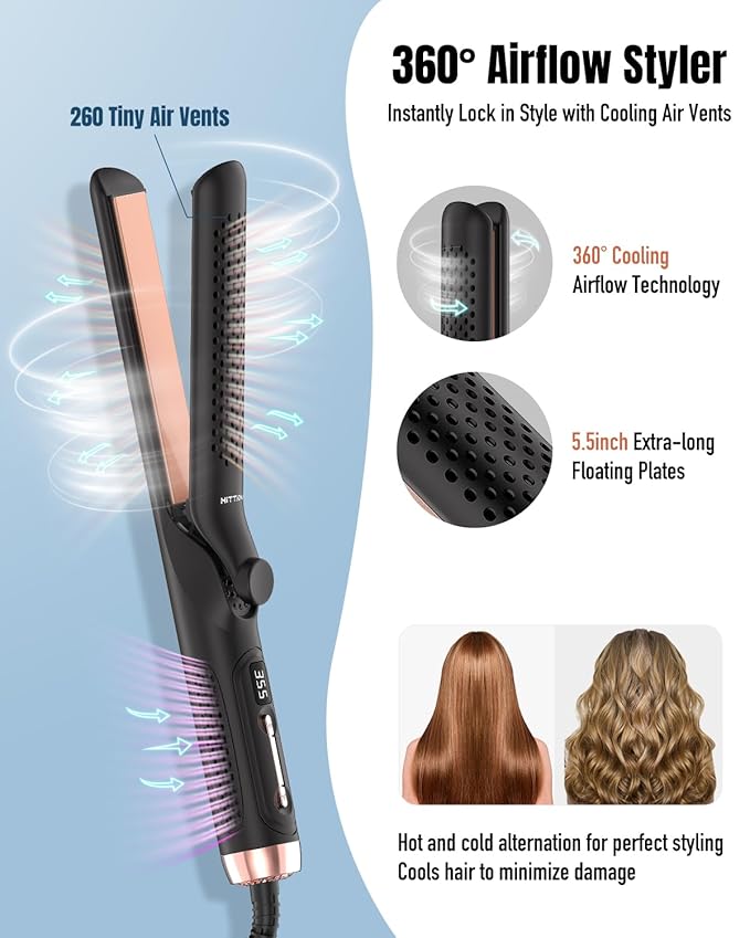 360° Airflow Styler Curling Iron - 1.25 Inch Hair Straightener and Curler 2 in 1 with Vented Cool Air to Lock in Style, Extra Long Flat Iron Curling Wand, 5 Temps & Dual Voltage for Travel