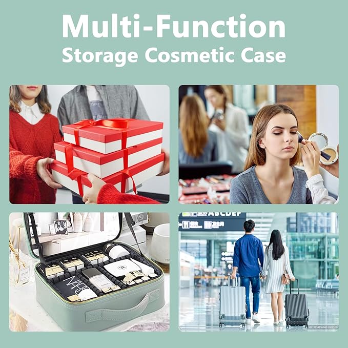 Makeup Bag with Led Mirror,Large Vanity Makeup Cases with 3 Color Setting,Portable Storage and Adjustable Dividers,for Women and Makeup Artists Cosmetic Organizer Travel Makeup Bag-Light Green