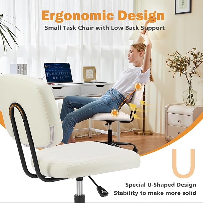 Sweetcrispy Small Office Computer Desk Chair with Wheels and Lumbar Support, Comfy Cute Armlees PU Leather Vanity Rolling Swuvel Task Chair No Arm for Adult, Student, Crame White