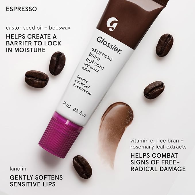 Glossier Balm Dotcom Hydrating Tinted Lip Balm - Universal Salve, Up to 12Hr Moisture for Dry Lips, Cuticles & Skin - Lanolin, Beeswax & Castor Oil - Espresso, Mocha Tint, 15ml