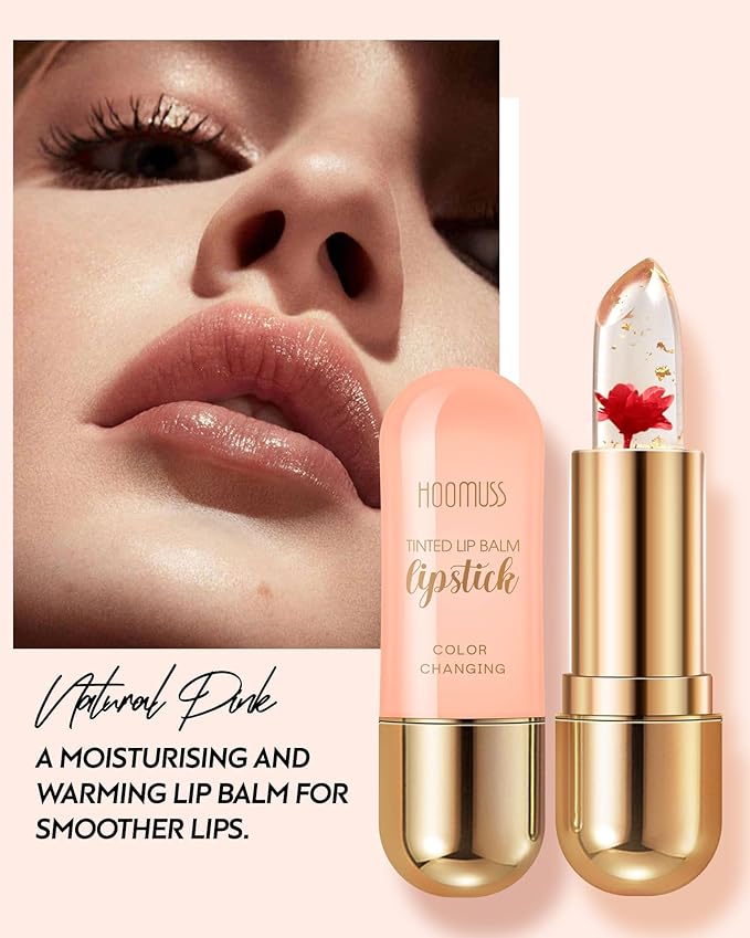Tinted Lip Balm Flower Lipstick Tinted Lip Gloss Long Lasting PH Lipsticks Color Changing Lipstick Natural Chapstick Glitter Pink Lip Stick, Red Flower