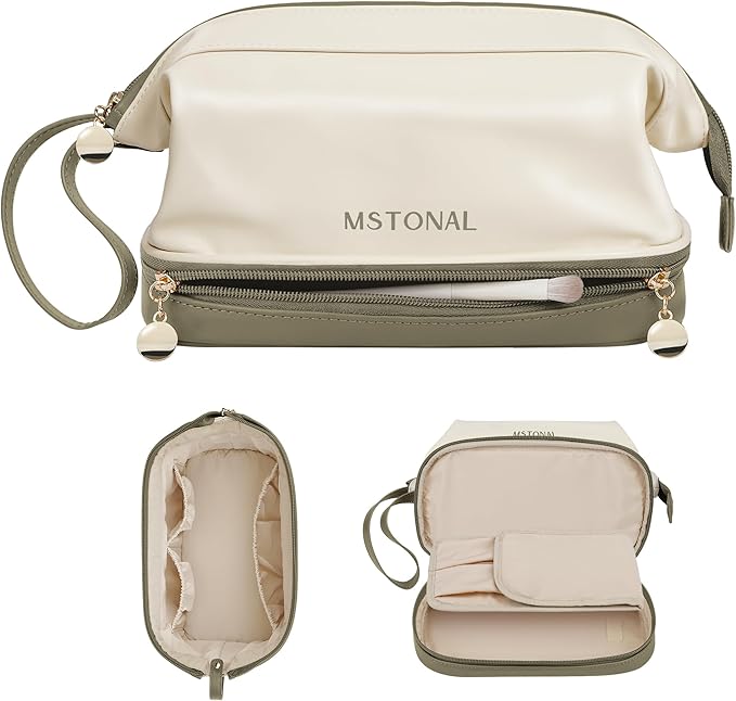 Travel Makeup Bag, Large Capacity Double Layer Cosmetic Bags for Women, Waterproof Portable Make Up Skincare Pouch with Makeup Brush Organizer, Toiletry Bag for Essentials, Beige & Olive Green