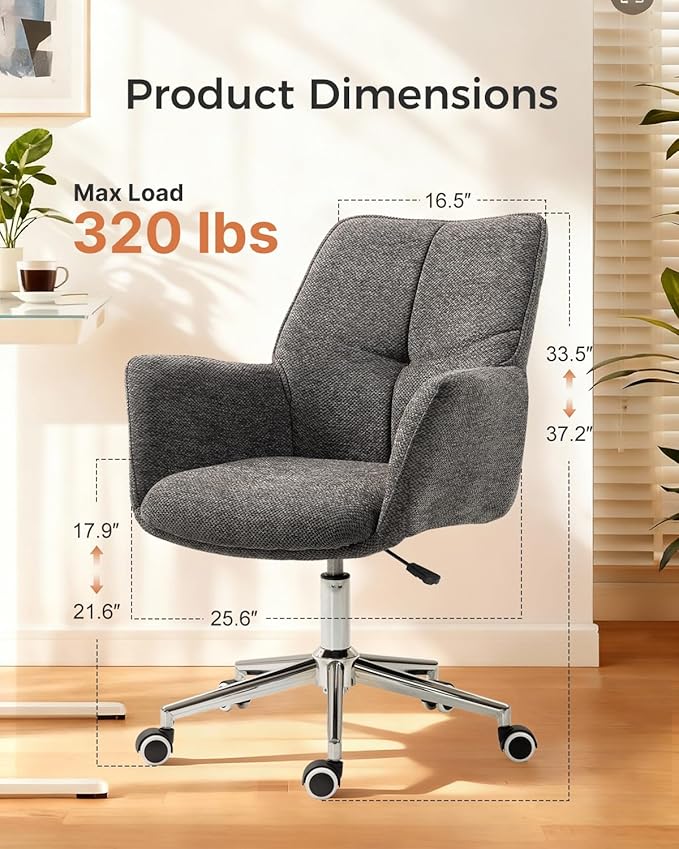 Home Office Desk Chair Swivel Ergonomic Computer Chair with Rolling Wheels, Adjustable Height Accent Armchair Chenille for Living Room (Darkgray)