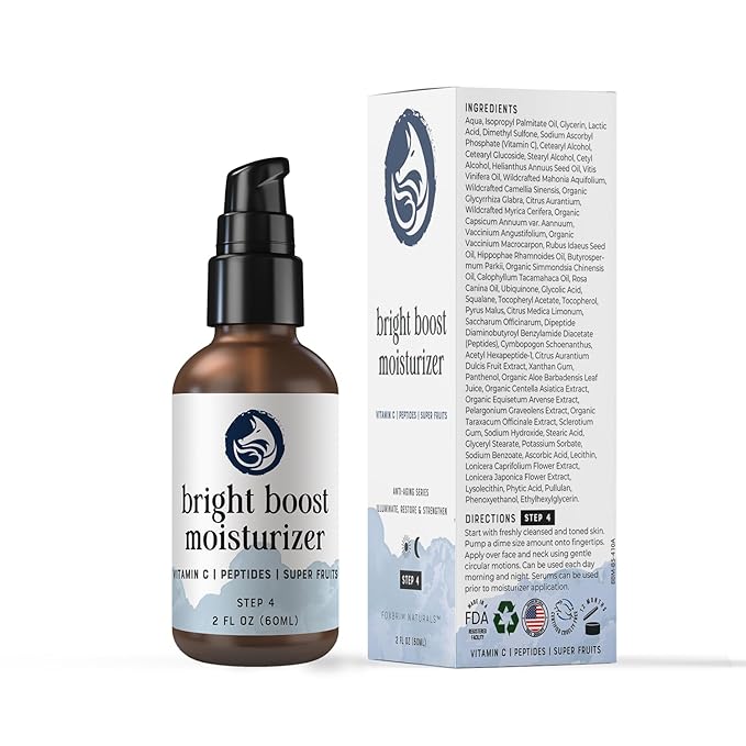 Foxbrim Naturals Bright Boost 7 Superfruits Peptide Face Moisturizer with Vitamin C - Gentle Daily Hydrating Luxury Lotion for Radiant Skin - Smooths Fine Lines - Fragrance Free All Skin Types 2oz