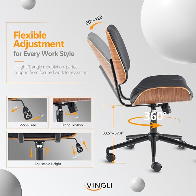 VINGLI Wide Curved Seat&Back Armless Home Office Chair,Ergoromic Adjustable-Height Desk Chair,Swivel&Tilting Function,Stylish Walnut Task Chair for Meeing Room,Dining Room,PU, Black