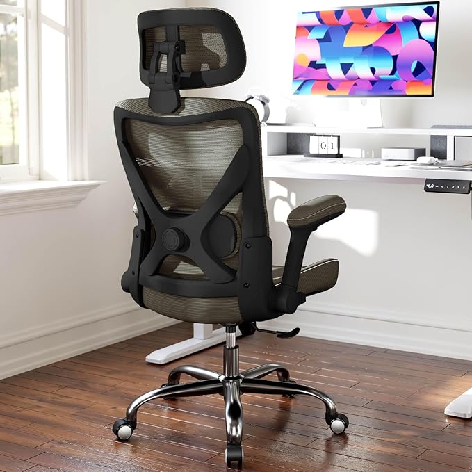 Office Home Ergonomic Desk Chair-Computer X-Shaped Chair Mesh PU Leather with Adjustable Lumbar Support-Executive Chair High Back Flip-Up Arms for Long Hours (Dark Green)