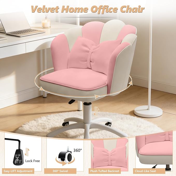 Home Office Desk Chair Swivel Rolling Vanity Chair with Silent Wheels and Comfortable Back, Adjustable Height Upholstered Computer Task Chair for Makeup, Bedroom