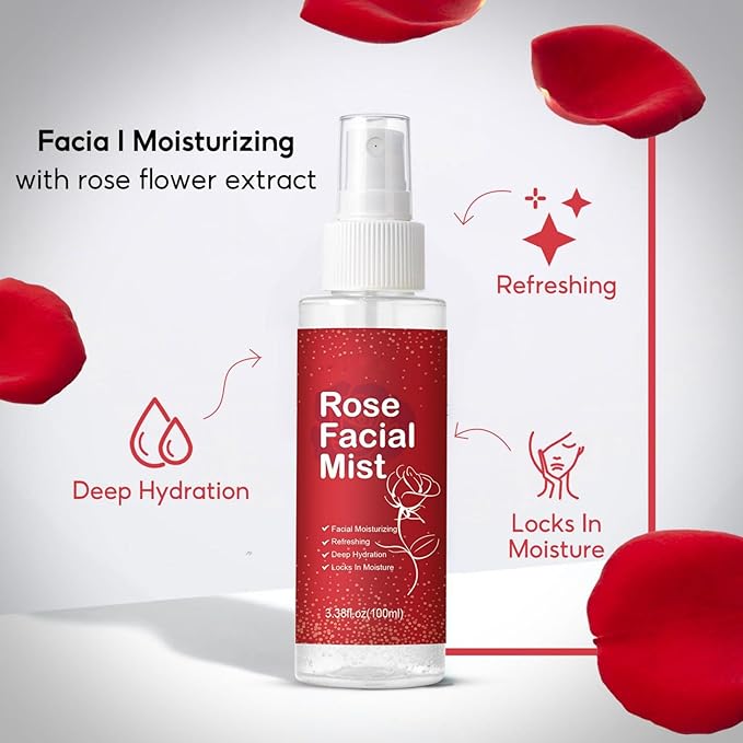 Rose Facial Moisturizing Mist, Hydrating & Firming Face Spray with Aloe Vera for All Skin Types, Facial Toner Locks in Moisture, Improve Dullness Smooths Wrinkles Fine Lines, Sets Makeup